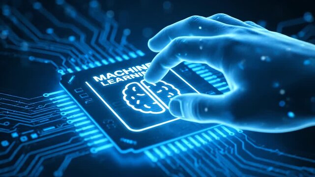 Close-up view of a glowing blue circuit board featuring a central chip labeled 'MACHINE LEARNING' with a brain icon, highlighting AI technology.