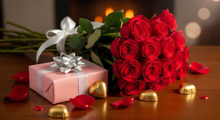Obraz premium Elegant Valentine's Day Gift Arrangement with Roses and Presents.