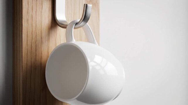 White ceramic mug hanging on metal hook against wooden wall