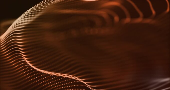 Abstract Digital Wave Of Glowing Particles Flowing  In Warm Orange Background with Space For Copy