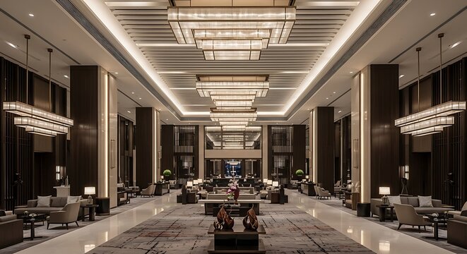 A spacious luxurious hotel lobby with modern furniture and high ceilings, viewed from the rear entrance.