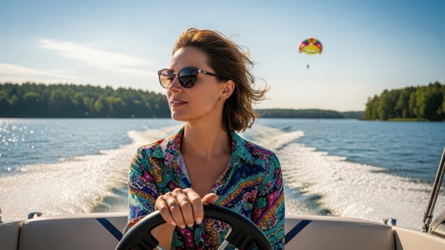 Woman driving boat, isolated on transparent background