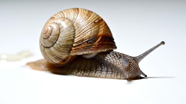 Garden snail with patterned shell slowly crawling on white background