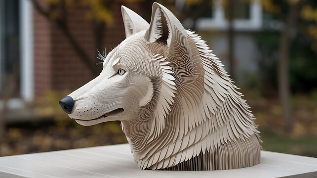 A majestic wolf-like dog sitting calmly on a flat surface outdoors