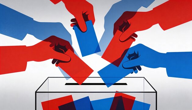 Stylized illustration of diverse red and blue hands putting ballots into a transparent glass box for elections