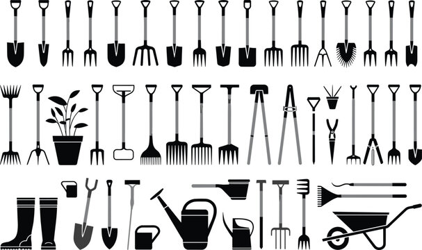 Collection of black silhouette illustrations of gardening tools and equipment, including shovels, rakes, hoes, watering cans, wheelbarrows, boots, and plant pots for landscaping and horticulture.