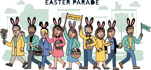 People wearing bunny ears celebrate easter with baskets and signs in a festive parade scene