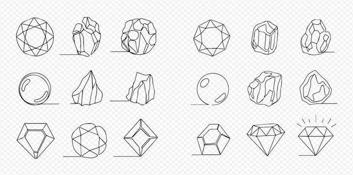 Set of continuous line art drawings of various gemstones and crystals, perfect for jewelry and luxury designs.