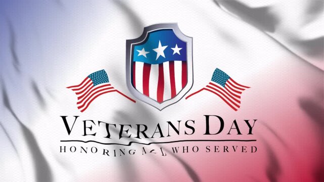 This text animation displays Veterans Day honoring all who served with a waving flag, perfect for Veterans Day celebrations