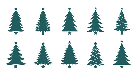 Obraz premium Collection of green Christmas tree silhouettes with star on top various shapes and sizes decorative trees