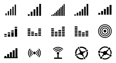 Obraz premium Collection of various data analysis and technology icons including graphs charts and wireless signals for business and communication concepts