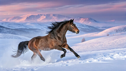 Majestic brown horse galloping in snowy mountains at sunrise with vibrant sky © TayebaIslam