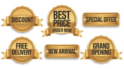 Fototapeta premium Golden badges displaying various promotional offers and sales announcements