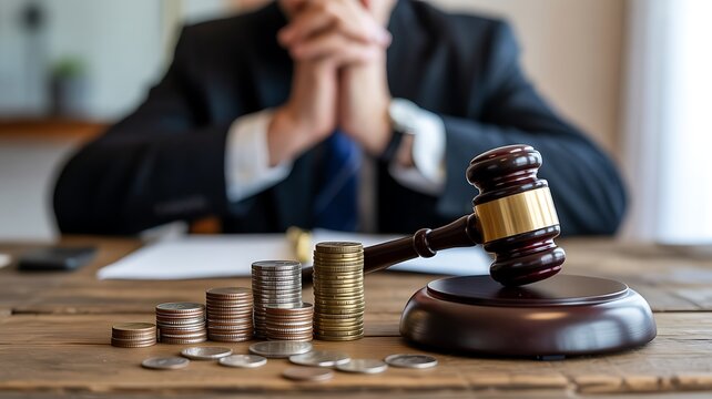Judge gavel with stacked coins and businessman symbolizing financial law concept
