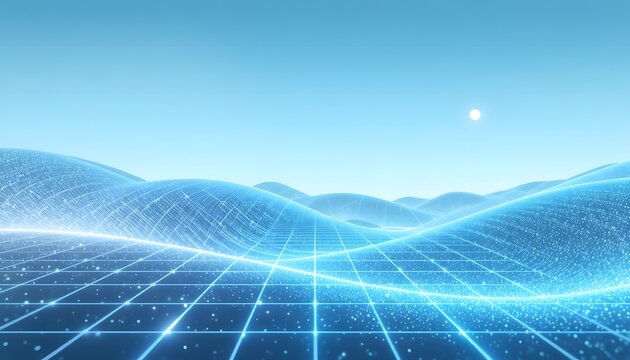 Futuristic modern tech background with glowing grid transformed into smooth wave shape