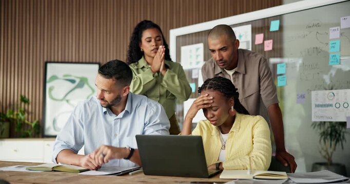 Sad, team and people with laptop, office and disappointed with ad failure on social media and upset. Digital marketing, colleagues and stress for campaign performance, talk and unhappy with bad news