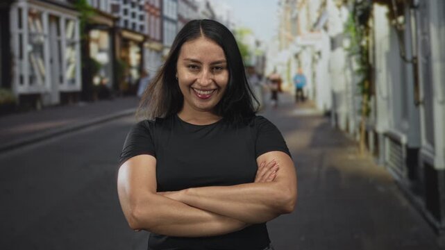 Woman smiling with arms crossed on street in front of storefront and buildings, wearing black t shirt; confidence empowerment community.