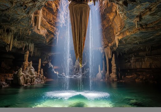 Dramatic view inside a massive limestone cavern, highlighting dripping water, intricate stalactites, and rugged, ancient natural rock, ceiling, geology, cavern