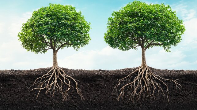 Two trees growing side by side with intertwined roots visible through the soil symbolizing natural interrelationship