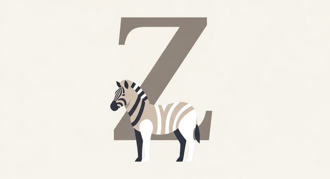 Illustration of a zebra standing next to a large letter Z on a beige background with a simple and educational style.