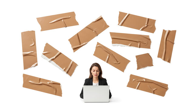 Woman sitting at a desk with a laptop, surrounded by tape, symbolizing limitation, restriction, or hidden potential in work