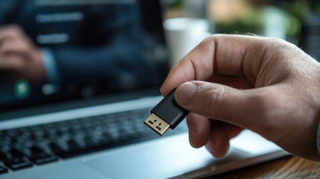 An office worker hits the eject button on a malfunctioning USB drive while watching warning messages flash on their laptop screen during an important task