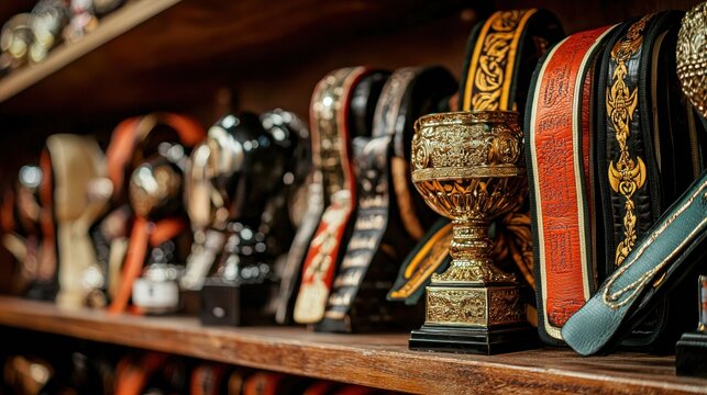 Karate trophies and belts displayed on a shelf in a studio with a sense of pride and dedication captured in warm tones Karma