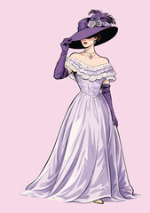 Fototapeta premium 069-34-Woman presenting herself in a vintage off-shoulder gown, wearing long gloves and a decorative hat