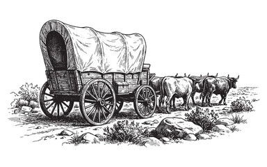 pioneer covered wagon pulled by oxen through a rocky landscape vintage engraving illustration © trianatio
