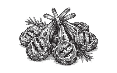 pile of grilled lamb chops with rosemary sprigs vintage engraving illustration © trianatio