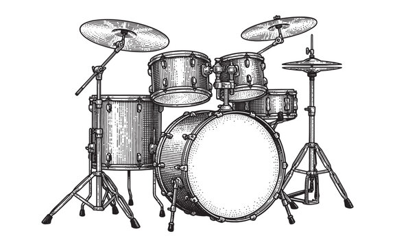 complete acoustic music drum kit with cymbals vintage engraving illustration