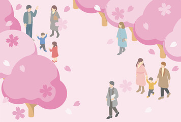 Fototapeta premium お花見を楽しむ人々のアイソメトリックイラスト。満開の桜、家族、カップル、子供たちの春の風景