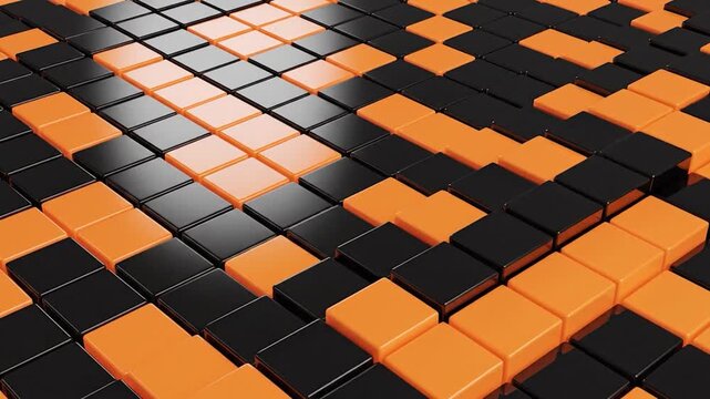 Dynamic abstract background with alternating black and orange cubes moving