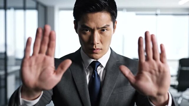 Businessman Gesturing Stop in Modern Office.