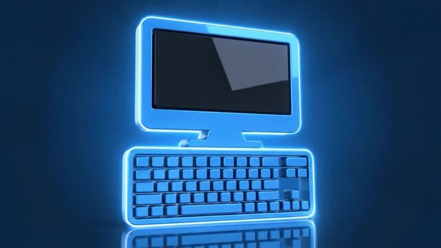 A stylized blue computer monitor and keyboard float with a glowing effect