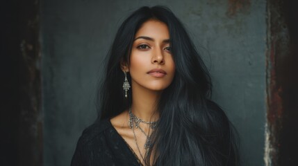 Fototapeta premium Woman with long black hair and earrings is standing in front of a wall. She has a serious expression on her face
