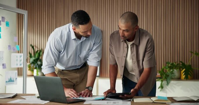 Tablet, paperwork or men planning in marketing agency, release schedule or social media coordination. Tech, web traffic metrics or team with idea to increase engagement, discussion or trend research