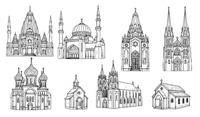 Obraz premium Hand Drawn Church Religious Building Icon Set with Mosque, Temple, Synagogue and Cathedral Vector Illustration