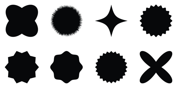 Trendy zigzag edge sticker set. Modern blank templates for price tags, promotion signs, and marketing design. Sunburst sticker shapes, Rounded starburst zigzag, circle shapes & star shapes.