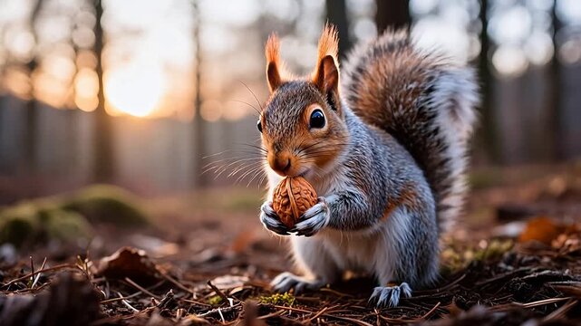 Squirrel holding nut in forest