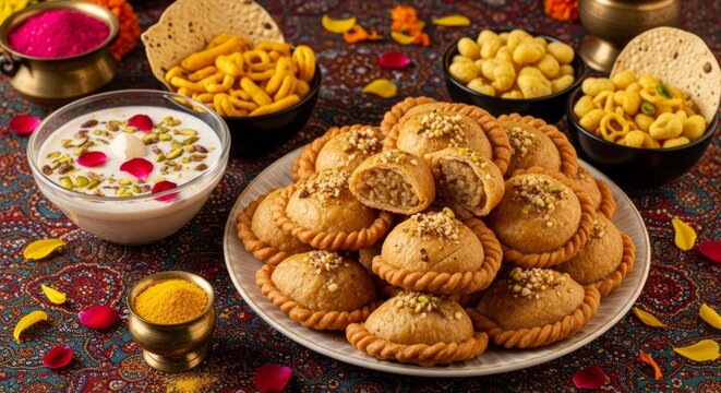 The image shows gujiyas, rasmalai, savory snacks, and gulal powders arranged festively. It represents Holi or Diwali celebrations, symbolizing joy, tradition, and cultural heritage. 