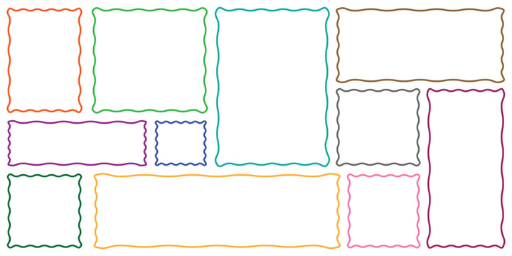 Rectangle shapes with curvy squiggly doodle lines. Zig zag wavy edge rectangle frame or border shapes set.  Set of Outline jagged rectangle shape. Geometric zig zag wavy edge stickers, frames, shapes.