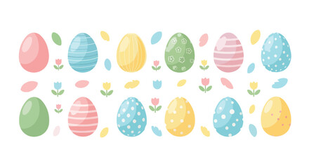 A colorful Easter-themed flat lay of decorated eggs and spring flowers against a clean white background with a cute and cartoon aesthetic.