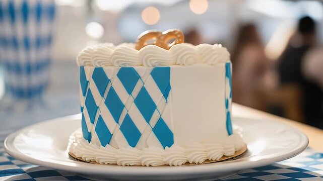 A beautifully decorated cake with blue and white patterns, featuring a pretzel on top, set at a festive outdoor event with blurred guests in the background