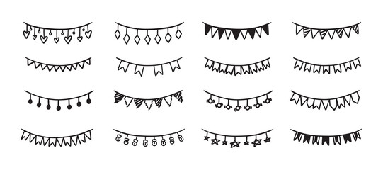 Holiday bunting doodle set. Hand drawn outline birthday garland of flags, hearts, stars, circles. Children doodle drawing © Yanka