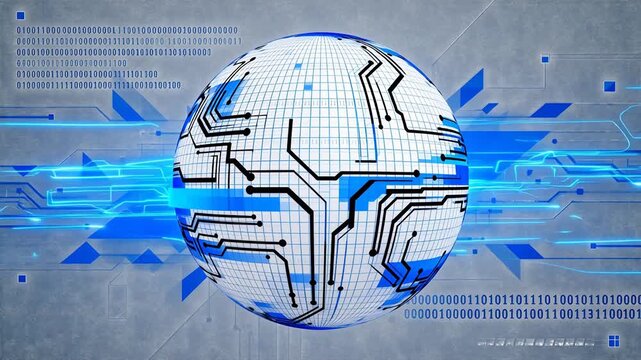 Globe with circuit patterns and binary code