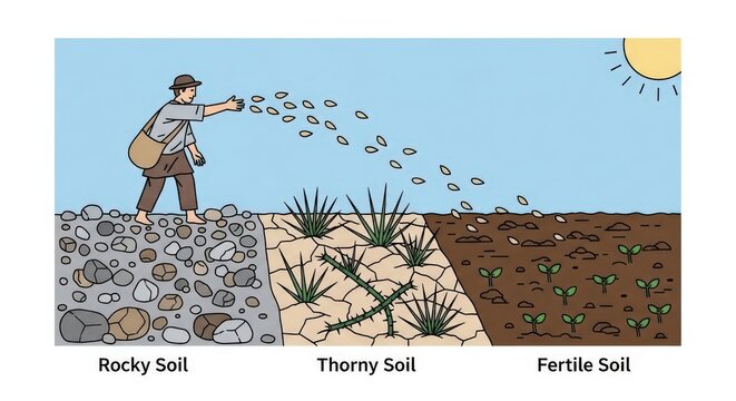 A person sowing seeds across three distinct soil types: rocky, thorny, and fertile, under a bright sun.