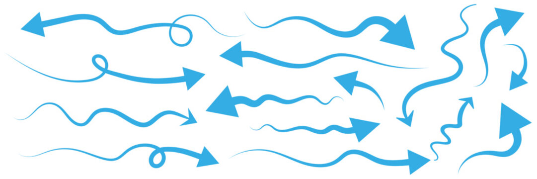 Air flow arrows set. Set of blue arrow showing wind air flow. Vector set of air flow arrows. Blue air flow arrows showing wind circulation and ventilation. Vector Set of Blue Air Flow. Vector