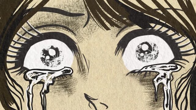 戦慄し絶叫する昭和レトロなホラー漫画風の黒髪白目の女性主人公