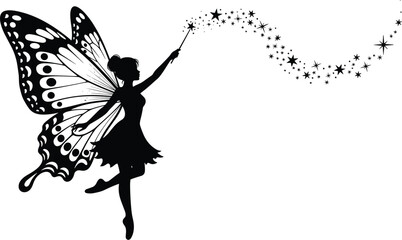 Fairy silhouette with butterfly wings holding magic wand casting stardust trail cad drawing flat vector illustration isolated on white background © jannat